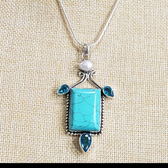 Turquoise necklace, 925 silver turquoise blue topaz pendant necklace - Picture 2 of 14